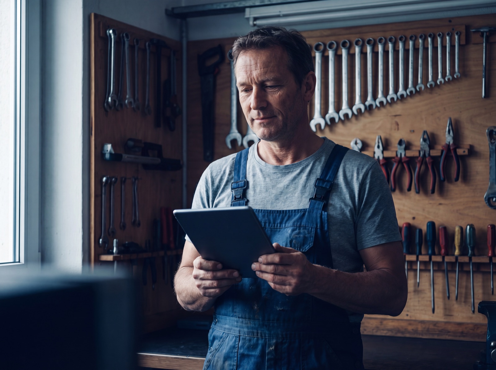 Handwerker mit Tablet vor einer Werkzeugwand