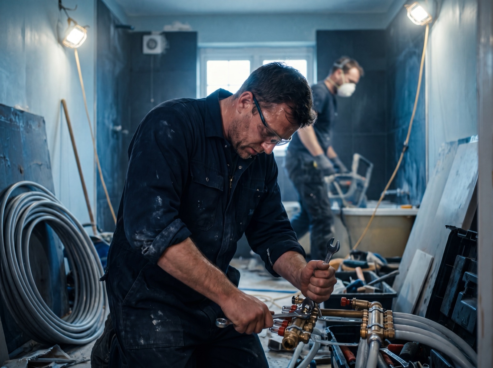 SHK-Handwerker arbeitet konzentriert an einem Heizungsverteiler auf einer Baustelle