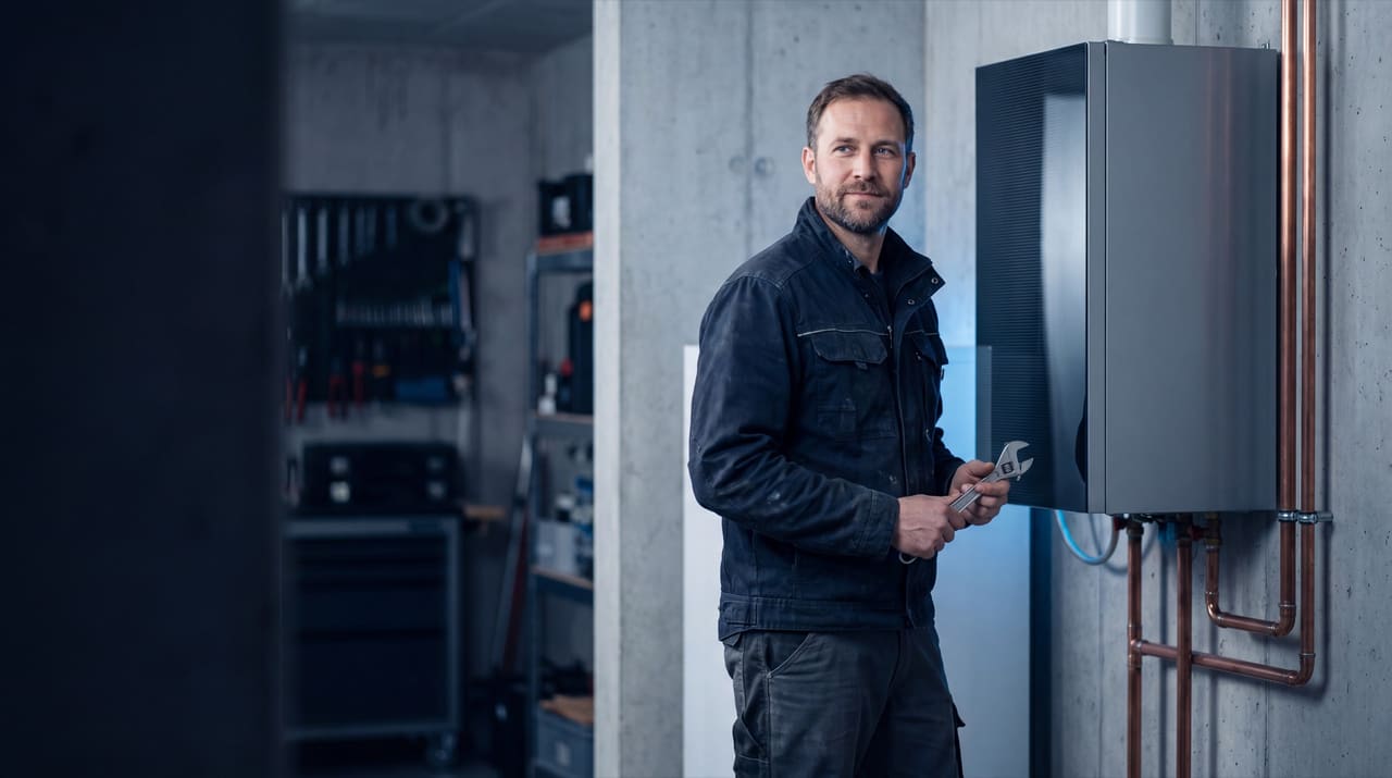 SHK-Meister an einer Wärmepumpe in seiner Werkstatt