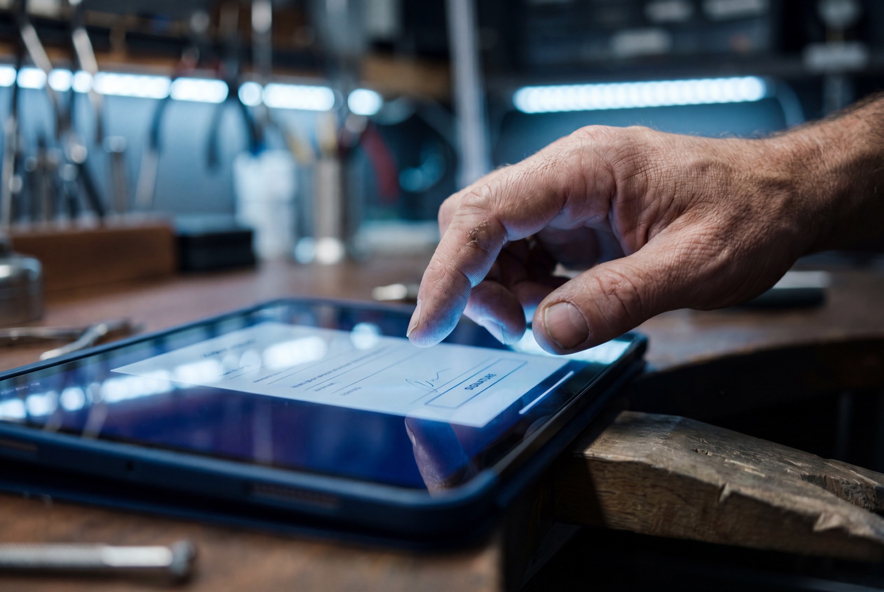 Fachkraft unterschreibt einen Vertrag digital auf einem Tablet